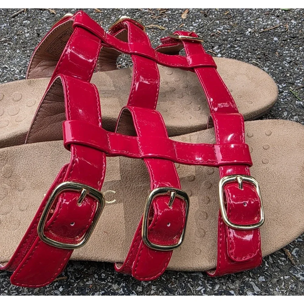 Vionic Misa (Sz 9) Sandals Women's Slides Red Patent Adjustable Straps Buckles